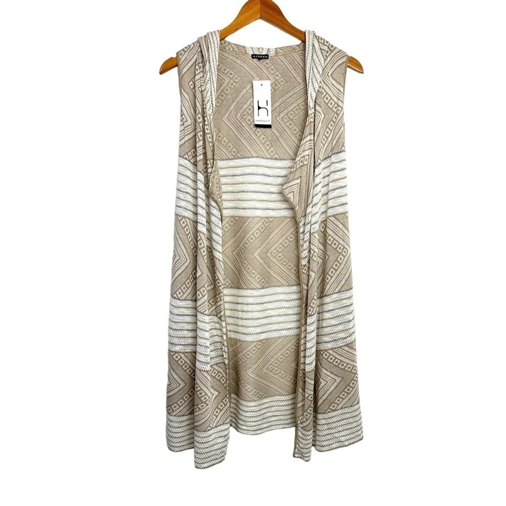 Hannah Womens HoodedSleeveless Cardigan Vest Sz Small Tan White Geo Print NWT